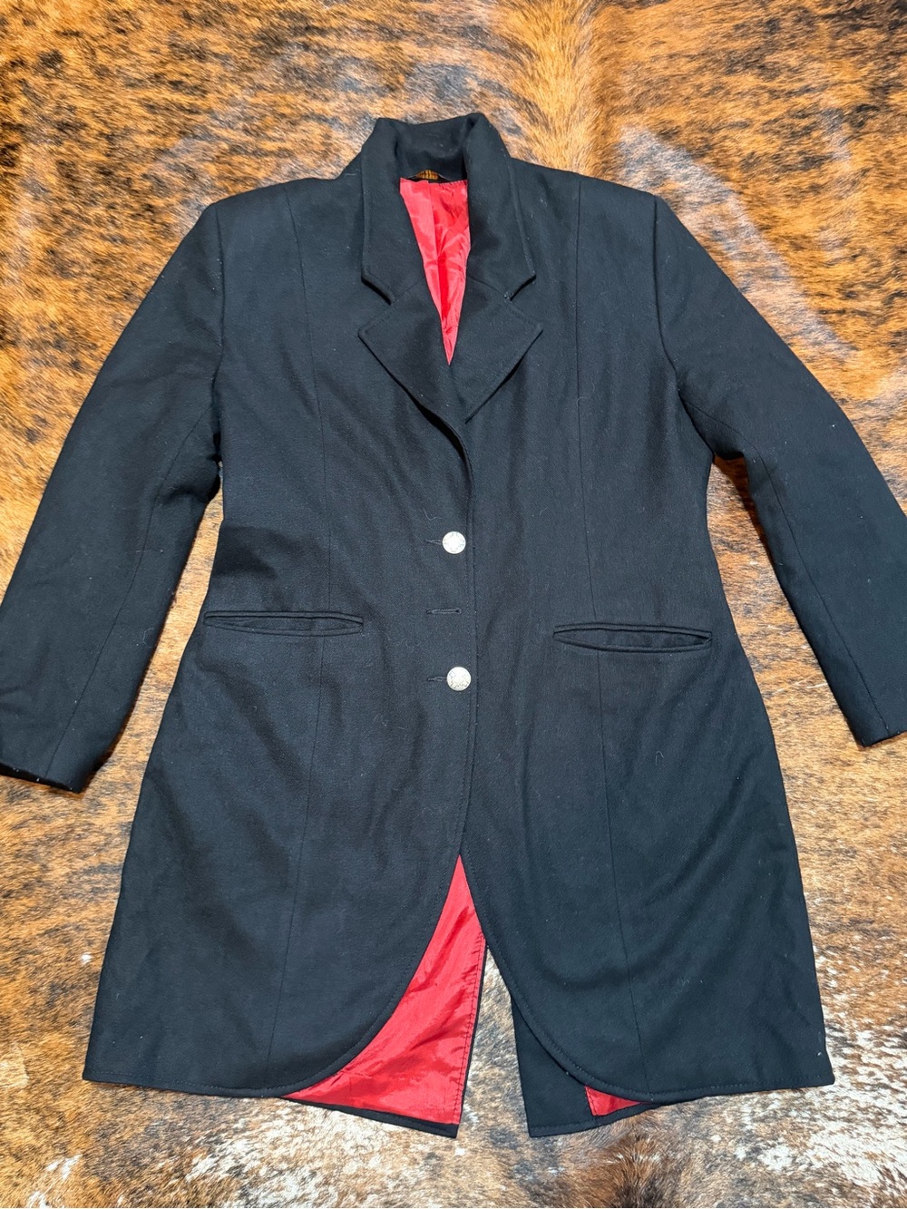 VTG Pioneer Wear Black Wool Equestrian Long Coat Jacket Red Satin Lining Sz S